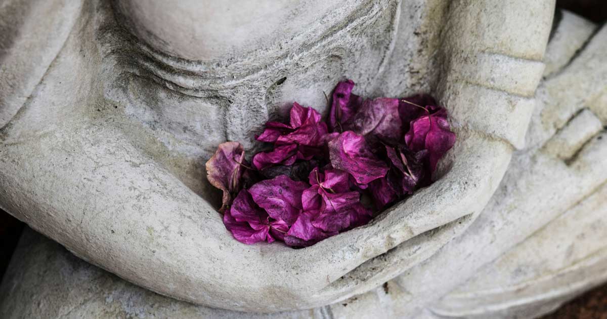 rose petals held in arms of statue